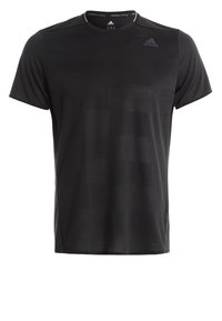Camiseta negra de manga corta para correr de Adidas, con cuello redondo y logo sutil en el pecho y en el interior del cuello.