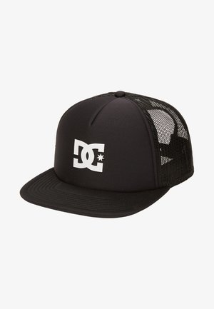 Black cap with a flat brim, mesh back, and a white DC logo printed on the front. Material appears smooth with a structured shape.