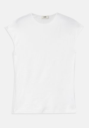 Biele tričko s krátkym rukávom vyrobené z bavlny. Má okrúhly výstrih a hladkú, jemnú textúru s voľným strihom. Bez vzorov alebo akcentov.