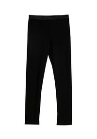 Leggings noirs avec une texture côtelée, dotés d'une taille élastique noire avec un léger accent pailleté, conçus pour un port ajusté.