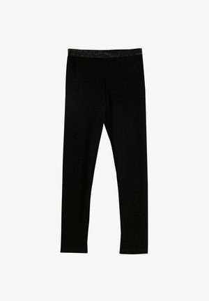 Leggings negras con una textura acanalada, con una cinturilla elástica negra con un sutil acento de brillo, diseñados para un ajuste ceñido.