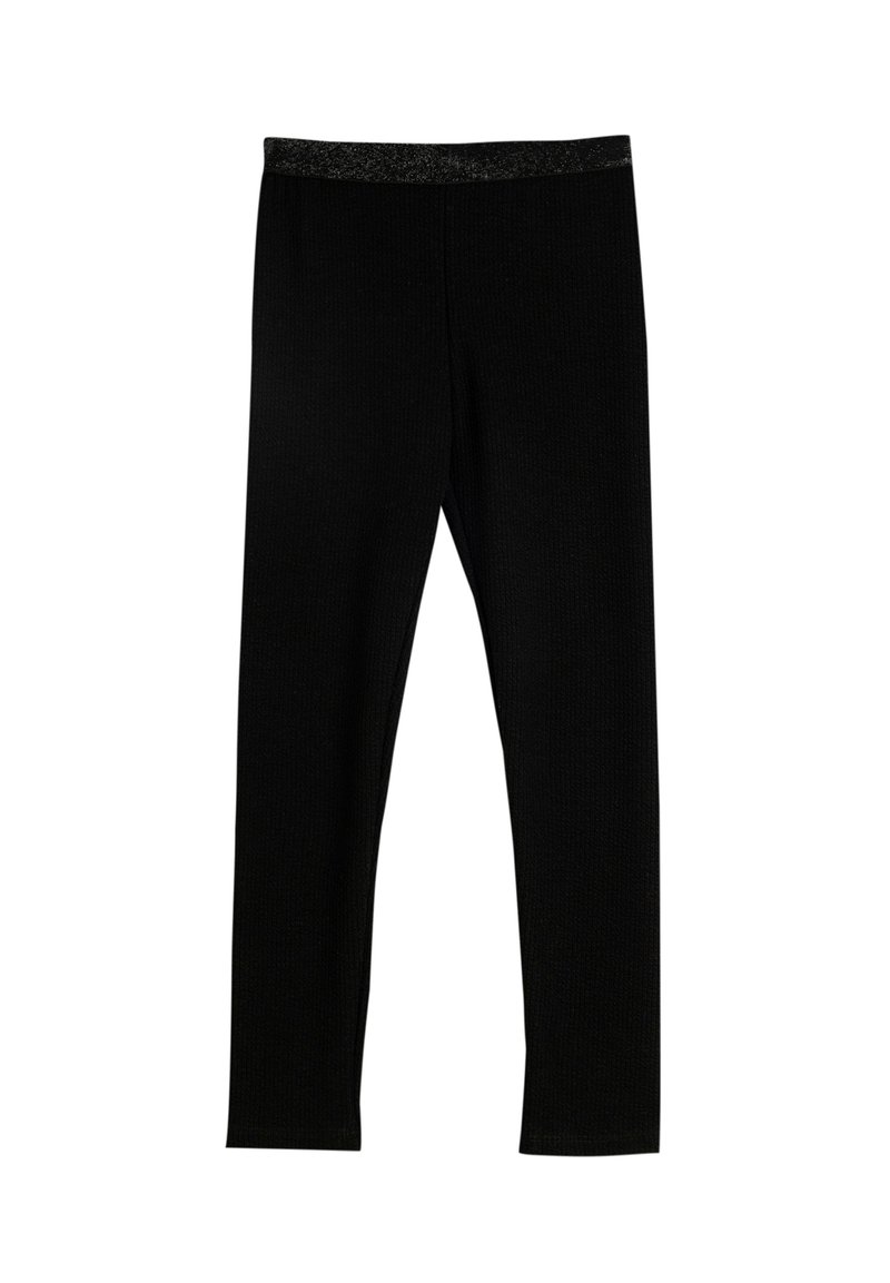 Leggings noirs avec une texture côtelée, dotés d'une taille élastique noire avec un léger accent pailleté, conçus pour un port ajusté.