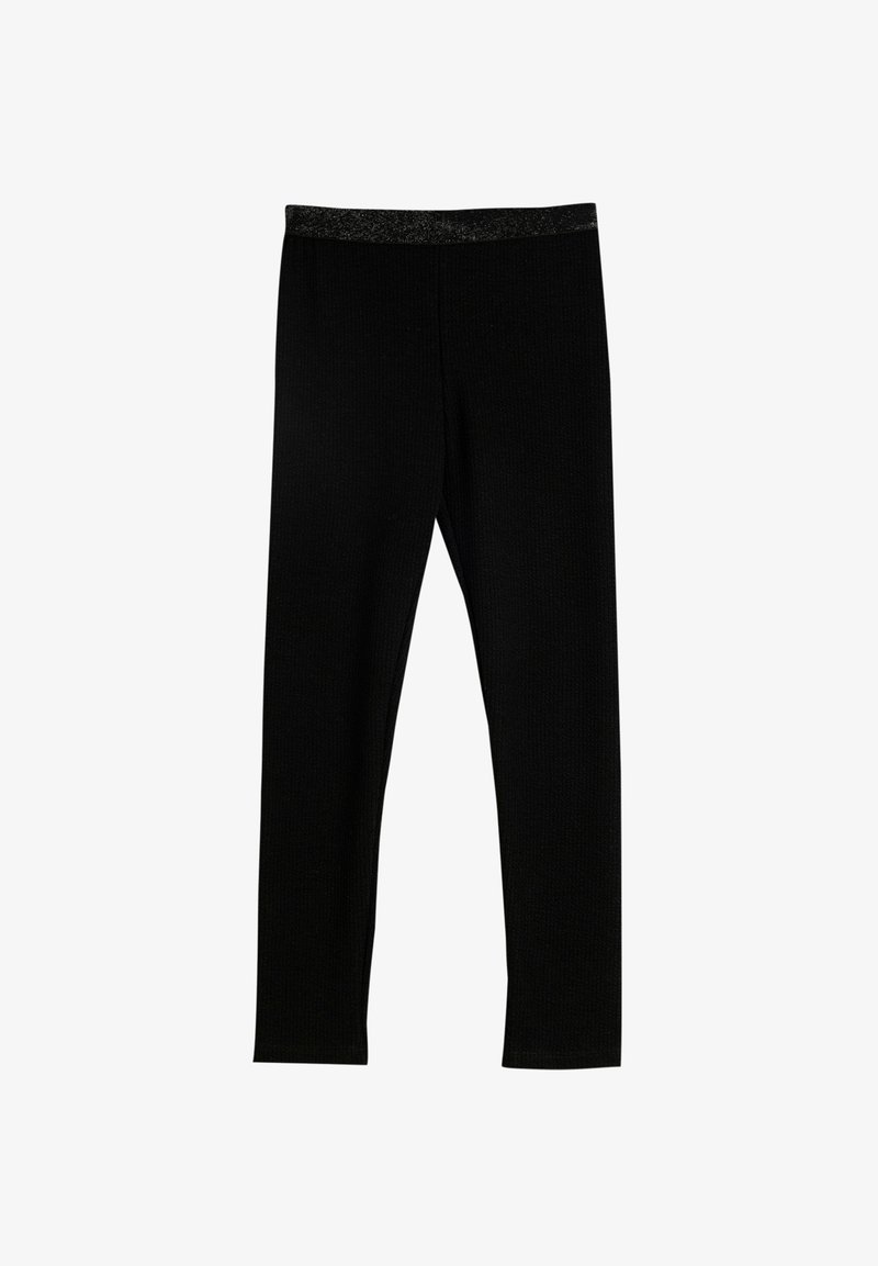 Mustat leggingsit, joissa on ribbikuviointi, varustettu mustalla elastisella vyötärönauhalla, jossa on hienovarainen kimallus, suunniteltu tiiviiseen käyttöön.