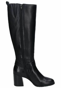 Botte en cuir noir hauteur genou avec une fermeture éclair sur le côté, un talon bloc et une texture lisse. Présente un léger accent de col en haut.