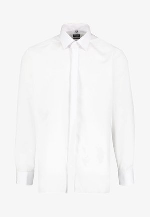 Weißes Hemd mit langen Ärmeln, spitzem Kragen und geknöpften Manschetten, vordere Knöpfe durch eine Blende verdeckt.