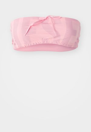 Roza bandeau bikinitop z nastavljivim vezanjem, teksturirana tkanina, nabran rob in subtilen tonalen logotipni vzorec. Gladek zaključek in elastičen material.