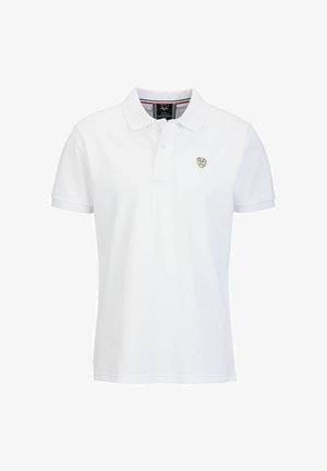 Weiße Poloshirt aus Baumwolle. Mit Kragen, kurzen Ärmeln und einem kleinen Emblem auf der linken Brust. Einfaches Design ohne Muster.