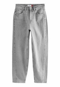 Hellgraue Jeans aus Denim mit einem Barrel-Fit. Sie verfügen über fünf Taschen, Metallnieten und ein dezentes Ausbleichen. Gerader Beinschnitt und mittlere Bundhöhe.