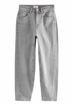 Hellgraue Jeans aus Denim mit einem Barrel-Fit. Sie verfügen über fünf Taschen, Metallnieten und ein dezentes Ausbleichen. Gerader Beinschnitt und mittlere Bundhöhe.