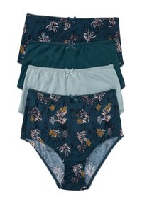Confezione di quattro slip da donna in misto cotone. Presentano motivi floreali in verde scuro e blu, con bordo in pizzo e piccoli fiocchi sulla cintura.