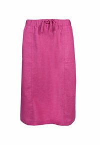 Pink linen skirt with a drawstring waistband, knee-length, featuring two side pockets and a smooth texture. No visible patterns or accents.