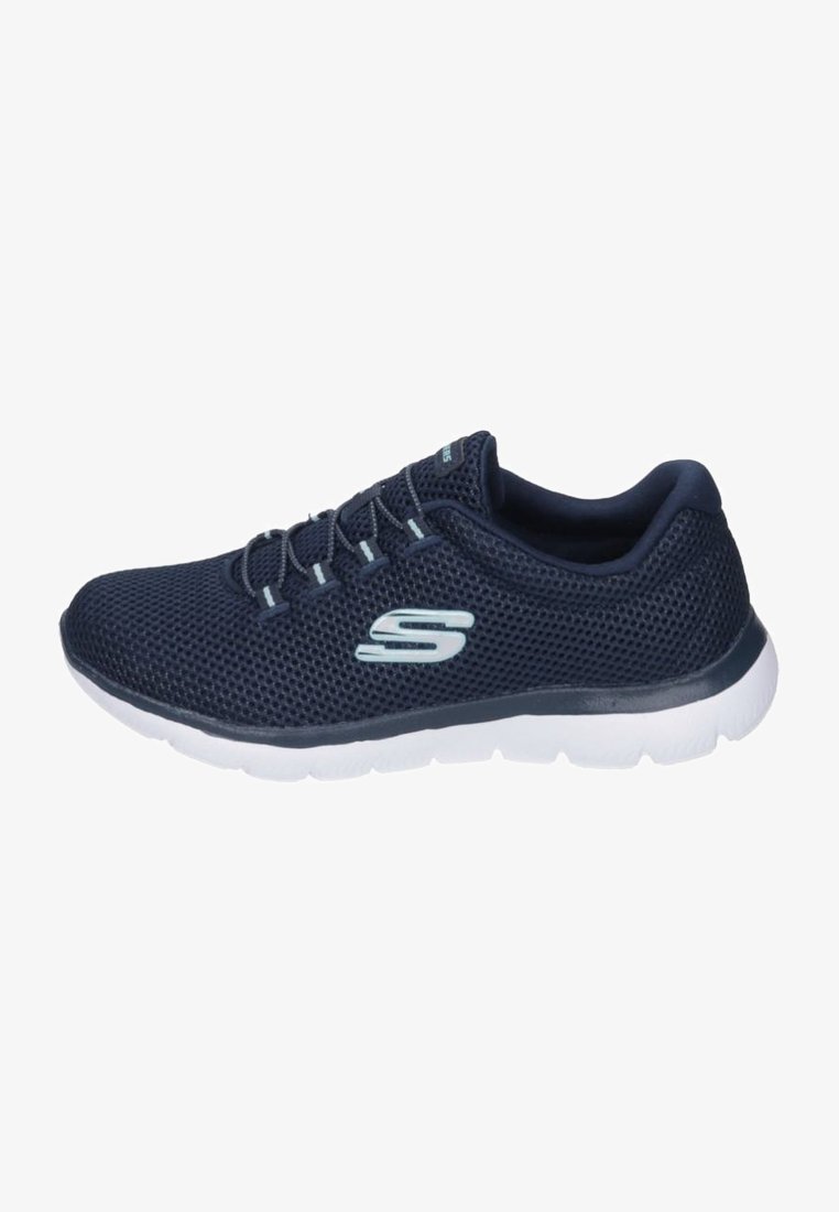 Navy blue mesh athletic shoe with a rounded white sole, featuring blue-gray accents and lacing system, designed for breathability and comfort.