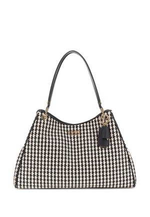 Black and white woven handbag with a hobo shape, featuring gold hardware, a black accent tassel, and dual shoulder straps.