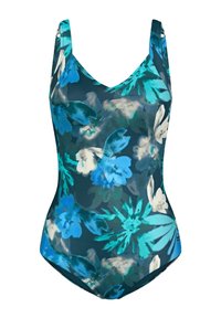 Maillot de bain une pièce floral en vert foncé, avec de grandes fleurs bleues et blanches, décolleté en scoop et larges bretelles.
