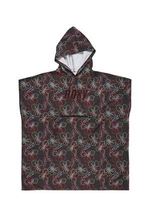 Svart huva poncho med ett blommönster i röd, blå och grön. Har en framficka och en logotyp i mitten. Material av bomullsmix.
