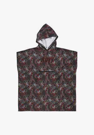 Hooded poncho in black with a floral pattern in red, blue, and green. Features a front pocket and a logo at the center. Cotton blend material.