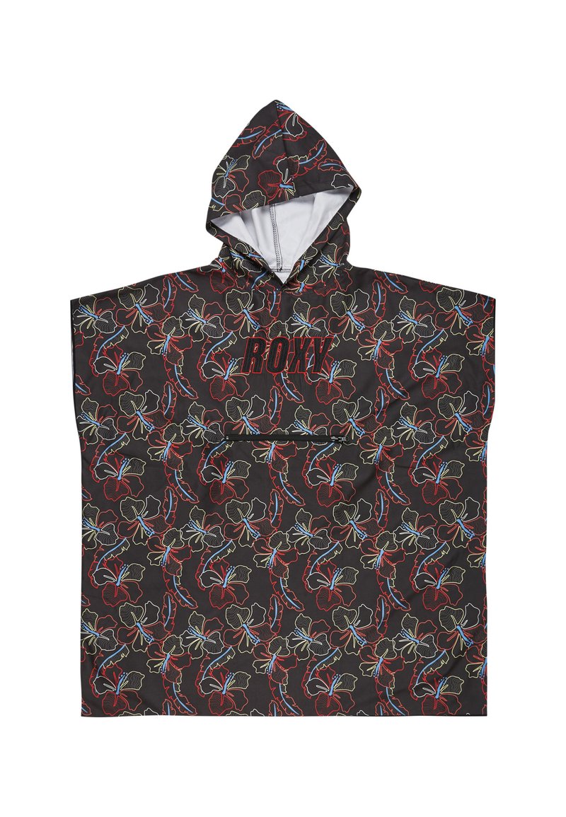 Mustapohjainen poncho, jossa on punaisia, sinisiä ja vihreitä kukkakuvioita. Edessä on tasku ja keskellä logo. Materiaali on puuvillasekoitetta.