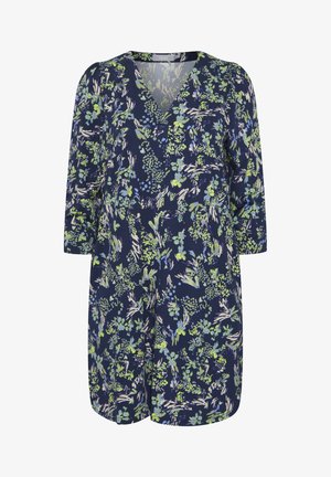 Jūrinis suknelė su V formos iškirpte, 3/4 ilgumo rankovėmis, su žalių ir mėlynų gėlių raštu, pagaminta iš lengvos medžiagos. Šiek tiek A formos siluetas.