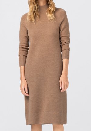 Abito lavorato a maglia marrone con collo alto a costine e polsini, caratterizzato da una silhouette dritta e un orlo di lunghezza media. Texture morbida e dettagli minimi.
