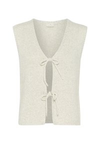 Sleeveless, v-neck knitted vest in light gray. Features a tie closure at the front and a textured knit pattern throughout.