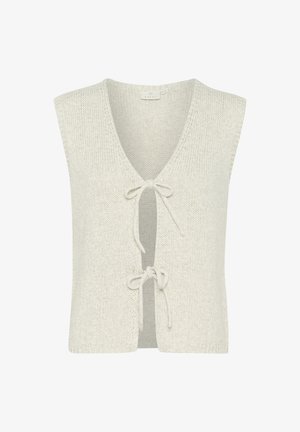 Sleeveless, v-neck knitted vest in light gray. Features a tie closure at the front and a textured knit pattern throughout.