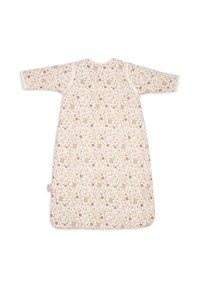 Sac de couchage floral à manches longues. Fabriqué en tissu doux, il arbore un fond clair avec de petits motifs de fleurs roses, brunes et jaunes.