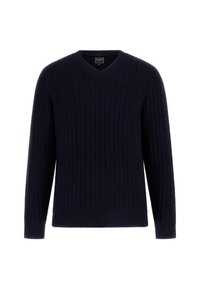 Maglione a V in maglia a coste di un blu navy, con maniche lunghe e orlo aderente, etichettato GUESS all'interno del colletto.