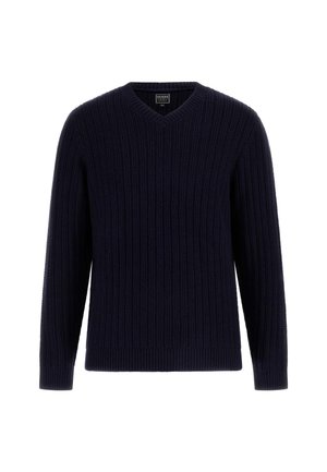 Navyblauwe geribbelde trui met V-hals en lange mouwen, met een aansluitende zoom, gelabeld als GUESS aan de binnenzijde van de kraag.
