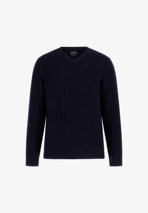 Navyblauwe geribbelde trui met V-hals en lange mouwen, met een aansluitende zoom, gelabeld als GUESS aan de binnenzijde van de kraag.