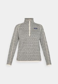 Fleece pullover met een kwart rits, voorzien van een geometrisch patroon in zwart en crèmelkleur, contrasterende rits en kraagaccenten, gestructureerde stof.