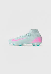Light blue high-top soccer cleat with pink Nike swoosh and studs, featuring a sock-like ankle collar for support.