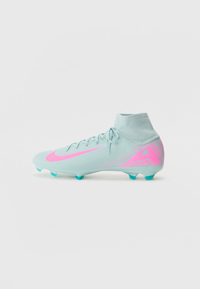 Light blue high-top soccer cleat with pink Nike swoosh and studs, featuring a sock-like ankle collar for support.