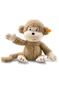 Light brown plush monkey toy with a textured, furry body; round face; embroidered features; and soft limbs. Waving hand gesture.