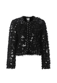 Must mustraga jakke, mis on valmistatud pehmest kangast ja kaunistatud sädelustega. Omab pikki varrukaid ja ümmargust käelist, luues tekstuurse ja kihilise välimuse.