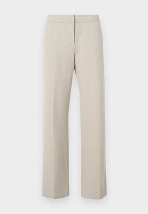 Beige rovné kalhoty s plochým předním dílem a bez viditelného kování či vzorů. Vyrobeny z hladkého materiálu, s čistým a elegantním designem.