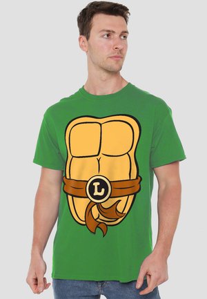 Green cotton t-shirt featuring a large yellow graphic of a muscular torso with a brown belt and accent belt buckle labeled "L".