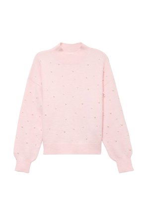 Light pink long-sleeve sweater with ribbed cuffs, collar, hem, and scattered small white pearl embellishments on front and sleeves.