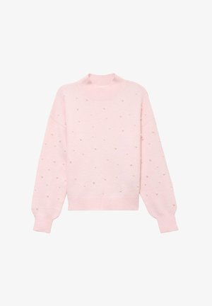 Light pink long-sleeve sweater with ribbed cuffs, collar, hem, and scattered small white pearl embellishments on front and sleeves.