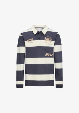 Polo a maniche lunghe a righe blu navy e bianche con colletto, caratterizzato da testo e loghi stampati in beige. Realizzato in tessuto di cotone.