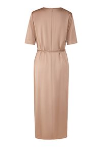 Beige midi dress with short sleeves, straight silhouette, and a tie belt at the waist. Features a discreet back zipper and smooth texture.