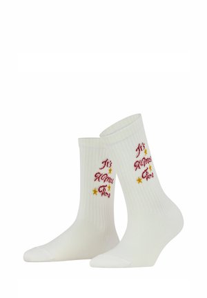 White ribbed mid-calf socks with red text "It's Xmas Time" and small yellow stars on the sides.