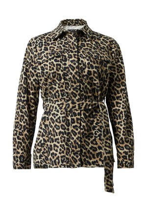 Leopard print shirt in tan and black, featuring a button-up front, two chest pockets, long sleeves, and a matching tie belt.