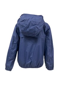 Giacca leggera blu navy con cappuccio, polsiello e vita elastici; texture liscia; design minimale; vista posteriore.