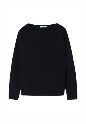 Čierny top s dlhým rukávom vyrobený z textúrovanej tkaniny, s širokým výstrihom a voľným strihom. Žiadne viditeľné vzory ani kovové detaily.