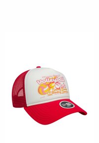 Rot-weiße Trucker-Cap mit Netzrücken, die ein grafisches Design für den Miami Beach Volleyball Club und ein gelbes Volleyball-Emblem aufweist.