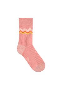 Calcetines de color rosa con rayas en ondas amarillas y naranjas. Hechos de un material texturizado, con un color sólido y un sutil brillo.