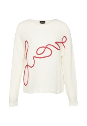 Weißer, gestrickter Pullover mit lockerer Passform, der ein auffälliges rotes Schriftdesign auf der Vorderseite zeigt. Gerippte Bündchen und Saum runden den Look ab.