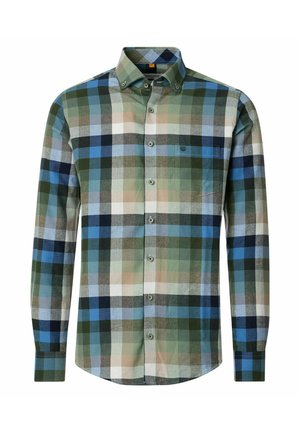 Langärmliges Hemd mit Knöpfen, kariert in Grün, Blau, Beige und Schwarz, mit einer vorderen Brusttasche.