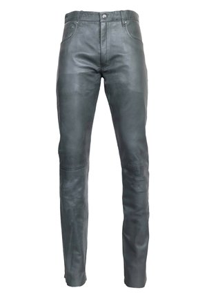 Pantalons en cuir noir avec une texture lisse, dotés d'une taille standard, de poches avant et de jambes ajustées. Aucun motif ni ornement visible.