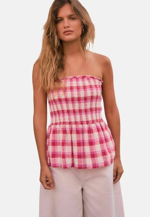 REGULAR FIT-SHIRRED PEPLUM BANDEAU BOOBTUBE - Blouse - red white gingham